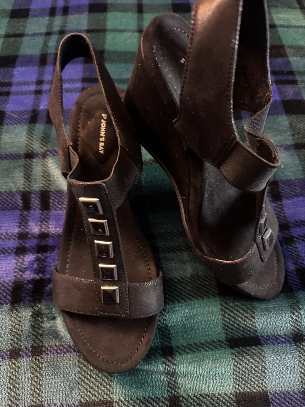 St. John's Bay Black Suede T-Strap Wedge Sandals with Square Studs